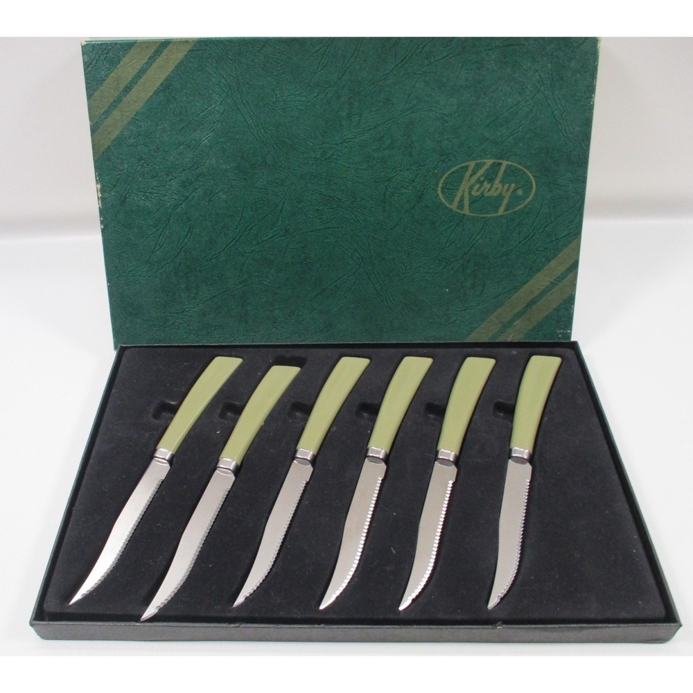 Set of 6 Vintage Kirby Quikut Green 8" Steak Knives in Original Box